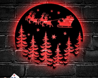 Weihnachtsmann Metall Wandkunst LED Licht Schlitten des Weihnachtsmannes | Wohnkultur Weihnachten | Motiv Dorf Weihnachtsmann Schlitten Dekoration| Einweihungsparty