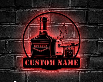 Custom Bourbon Cigar Metal Wall Art LED Light | Personalized Whiskey Smoke Sign Home Bar Pub Decor | Cocktail Decoration Man Cave Christmas