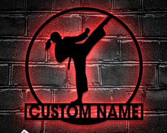 Custom Girl Taekwondo Martial Arts Metal Wall Art with LED Light - Personalized Kid Tae Kwon Do Name Sign Home Taekwon-Do Korean Decoration