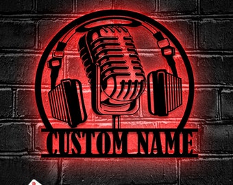 Custom Music Audio Studio Metal Wall Art LED Light | Personalized Microphone Headphones Name Sign | Home Decor Musical Musician Room