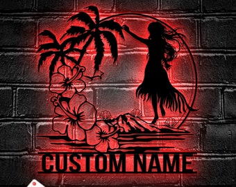 Custom Hula Dancer Hawaiian Flower Scene Metal Wall Art LED Lights Personalized Hula Dancing Name Sign Home Decor - Dance Room Decoration -