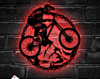 Mountain Bike Metal Wall Art LED Light MTB Sign | Home Decor Biker Kids Nursery Decoration | Bicycle Lover Birthday | Christmas Housewarming