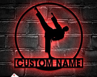 Custom Boy Karate Martial Arts Metal Wall Art with LED Light - Personalized Kid Karate Name Sign Home Ryukyuan Martial Arts Decoration -