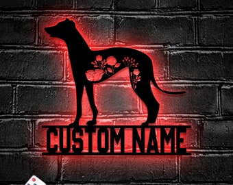 Benutzerdefinierte FLoral Greyhound Metall Wand Kunst LED Licht - Personalisierte Blume Hundeliebhaber Name Schild Wohnkultur - Ideal für Wohnkultur & Geschenk
