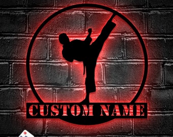 Custom Boy Taekwondo Martial Arts Metal Wall Art with LED Light - Personalized Kid Tae Kwon Do Name Sign Home Taekwon-Do Korean Decoration