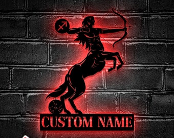 Niestandardowy symbol zodiaku Strzelca Konstelacja Gwiazda Metalowa Sztuka Ścienna Światło LED - Spersonalizowany Horoskop Nazwa Znak Wystrój Domu - Idealny do Domu