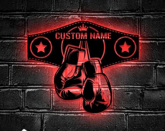 Custom Boxing Gloves Metal Wall Art with LED Light - Personalized King Boxer Belt Name Sign Home Decor - Ideal for Home Decor & Gift