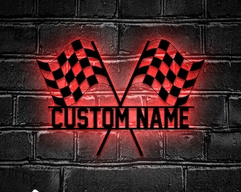 Custom Start Finish Racing Flag Metal Wall Art LED Light - Personalized Race Checkered Flag Name Sign Home Decor - Ideal for Home Decor &
