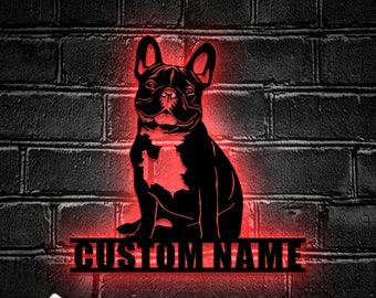 Custom French Bulldog Metal Wall Art LED Light - Personalized Frenchie Dog Lover Name Sign Home Decor - Ideal for Home Decor & Gift