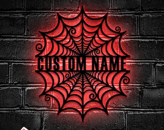 Custom Halloween Spider Metal Wall Art LED Light - Personalized Creepy Spider Web Name Sign Decoration - Ideal for Home Decor & Gift