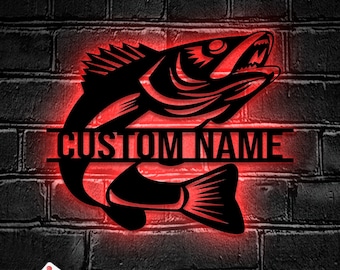Custom Walleye Fishing Metal Wall Art LED Light - Personalized Fisher Name Sign Home Decor - Ideal for Home Decor & Gift