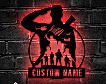 Custom US Soldier Military Metal Wall Art LED Light - Personalized American Army Name Sign Home Decor - Ideal for Home Decor & Gift