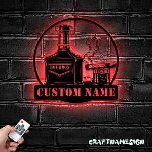 Benutzerdefinierte Bourbon Zigarre Metall Wandkunst LED-Licht | Personalisierte Whisky Rauch Schild Home Bar Pub Dekor | Cocktail Dekoration Mann Höhle Weihnachten