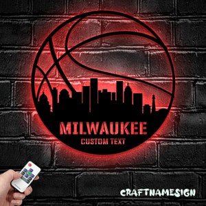 Custom Milwaukee Skyline Basketball Metal Wall Art LED Light - Personalized Player Name Sign Home Decor - Ideal for Home Decor & Gift