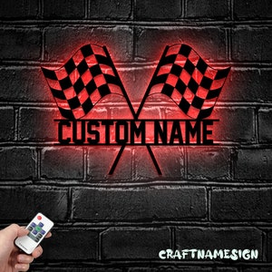Custom Start Finish Racing Flag Metal Wall Art LED Light - Personalized Race Checkered Flag Name Sign Home Decor - Ideal for Home Decor &