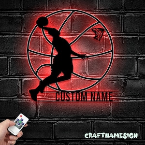 Custom Man Basketball Metal Wall Art LED Light - Personalized Player Lover Sign Home Decor - Ideal for Home Decor & Gift