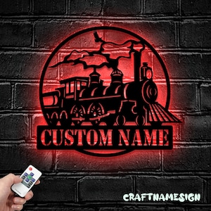Custom Steam Engine Train Locomotive Metal Wall Art with LED Light - Personalized Train Driver Name Sign Home Decor - Ideal for Home Decor &