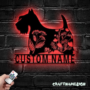 Custom FLoral Scottish Terrier Metal Wall Art LED Light - Personalized Flower Dog Lover Name Sign Home Decor - Ideal for Home Decor & Gift