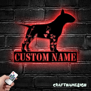Custom FLoral Miniature Bull Terrier Metal Wall Art LED Light - Personalized Flower Dog Lover Name Sign Home Decor - Ideal for Home Decor &