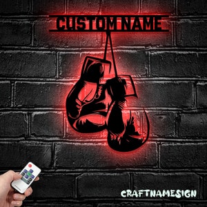 Guantoni da boxe personalizzati Arte da parete in metallo con luce a LED - Personalizzato King Boxer Name Sign Home Decor - - Ideale per decorazioni per la casa e regali