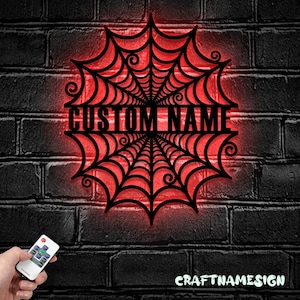 Custom Halloween Spider Metal Wall Art LED Light - Personalized Creepy Spider Web Name Sign Decoration - Ideal for Home Decor & Gift