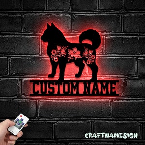 Custom FLoral Siberian Husky Metal Wall Art LED Light - Personalized Flower Dog Lover Name Sign Home Decor - Ideal for Home Decor & Gift