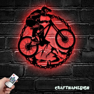 Mountain Bike Metal Wall Art LED Light MTB Sign | Home Decor Biker Kids Nursery Decoration | Bicycle Lover Birthday | Christmas Housewarming