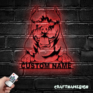 Custom Pitbull Metal Wall Art LED Light - Signo de nombre de amante de perro personalizado Decoración para el hogar - Ideal para decoración del hogar y regalo