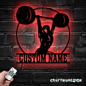 Custom Powerlifting Workout Metal Wall Art LED Light - Personalized Deadlift Barbell Name Sign Home Decor - Ideal for Home Decor & Gift