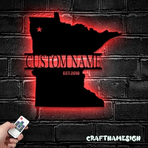 Custom Minnesota Map Metal Wall Art LED Lights, Personalized Minnesota State Name Sign Home Decor - Born in Minnesota Decoration - Ideal for