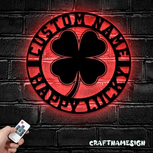 Custom Four Leaf Clover Metal Wall Art Led Light Custom St Patricks Day Nombre Signo Decoración para el hogar Shamrock Lucky Irish Decoración Cumpleaños