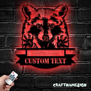 Custom Raccoon Metal Wall Art with LED Light - Personalized Woodland Animal Sign Home Decor - Ideal for Home Decor & Gift