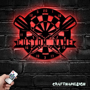 Custom Dartboard Dart Game Metal Wall Art LED Light - Personalized Dart Gamer Name Sign Home Decor - Ideal for Home Decor & Gift