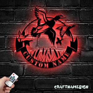 Custom Duck Hunting Metal Wall Art LED Light - Personalized Hunter Name Sign Home Decor - Ideal for Home Decor & Gift