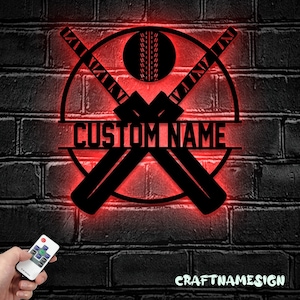 Custom Ball Cricket Bat Metal Wall Art LED Light - Personalized Cricket Player Name Sign Home Decor - Ideal for Home Decor & Gift