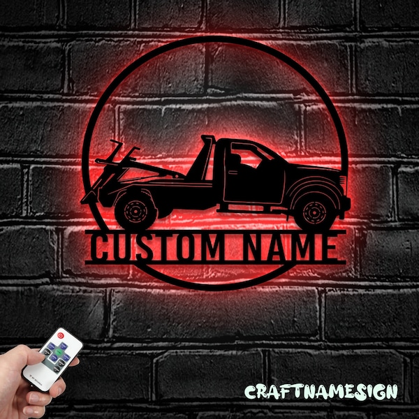 Custom Rotator Tow Truck Driver Metal Wall Art LED Light | Personalized Trucker Name Sign | Home Decor Heavy Duty Wrecker | Decoration