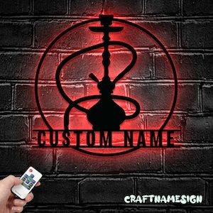 Custom Shisha Hookah Metal Wall Art LED Light |Personalized Smoke Shop Name Sign | Home Decor Hookah Shop Decoration Smoker