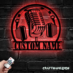 Custom Music Audio Studio Metal Wall Art LED Light | Personalized Microphone Headphones Name Sign | Home Decor Musical Musician Room
