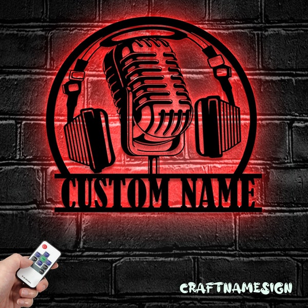 Custom Music Audio Studio Metal Wall Art LED Light | Personalized Microphone Headphones Name Sign | Home Decor Musical Musician Room