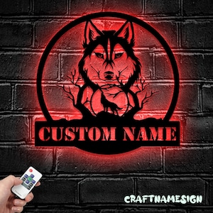 Custom Wolf Metal Wall Art LED Light - Personalized Wolf Lover Name Sign Home Decor - - Ideal for Home Decor & Gift