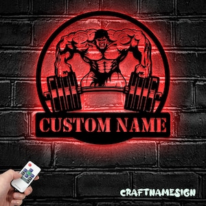 Custom Powerlifting Workout Metal Wall Art LED Light - Personalized Deadlift Barbell Name Sign Home Decor - Ideal for Home Decor & Gift