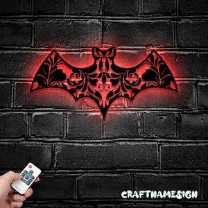 Floral Bat Metal Wall Art with LED Light - Halloween Bat Sign Home Decor - Ideal for Home Decor & Gift