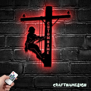 Custom US Lineman Metal Wall Art LED Light - Personalized Electrical Worker Player Name Sign Home Decor - Ideal for Home Decor & Gift