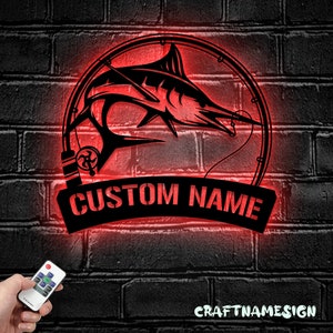 Custom Atlantic Blue Marlin Fishing Metal Wall Art LED Light - Personalized Fisher Name Sign Home Decor - Ideal for Home Decor & Gift