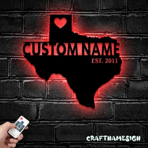 Mapa personalizado de Texas Arte de pared de metal Luz LED Personalizado Nombre del estado de Texas Signo Decoración del hogar Nacido en Texas Decoración Inauguración de la casa Cumpleaños Navidad