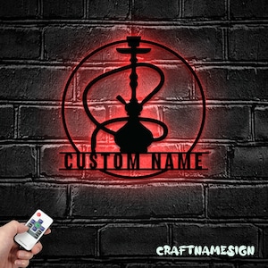 Custom Shisha Hookah Metal Wall Art LED Light |Personalized Smoke Shop Name Sign | Home Decor Hookah Shop Decoration Smoker