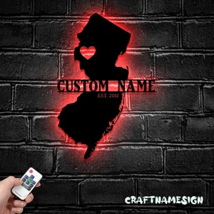 Arte de pared de metal con luz LED y mapa de Nueva Jersey personalizado - Letrero con el nombre del estado de Nueva Jersey personalizado - Decoración para el hogar - Ideal para decoración del hogar y regalo
