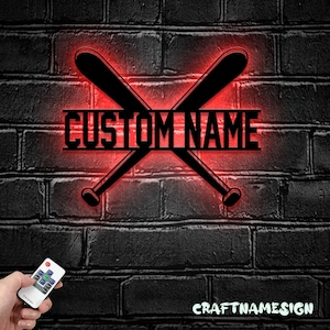 Luz LED de arte de pared de Metal de béisbol de bate personalizado - Signo de nombre de jugador de softbol personalizado decoración del hogar - Ideal para decoración del hogar y regalo