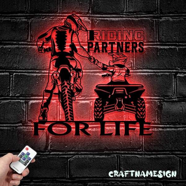 Father Daughter Riding Partners Quad Biker Metal Wall Art LED Light - Dirt Bike Sign Decoration - Ideal for Home Decor & Gift