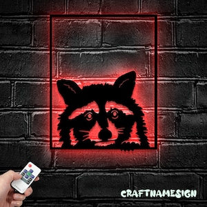 Raccoon Metal Wall Art with LED Light - Woodland Animal Sign Home Decor - Ideal for Home Decor & Gift